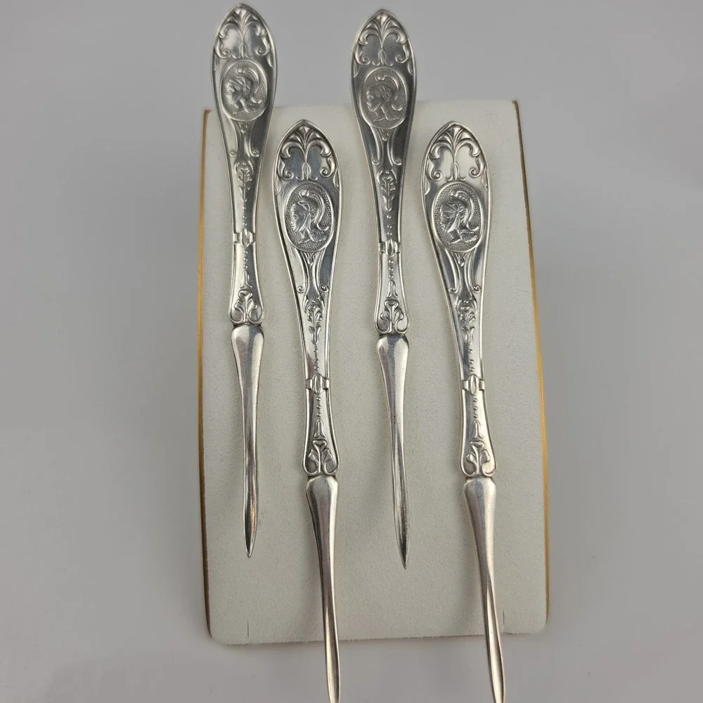 Antique Silver Nut Picks Set of 4 Helmeted Medallion Roman Warrior Design